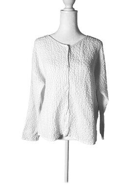 Eileen Fisher White Cotton Summer Blouse S • Textured Button-Up • Lightweight